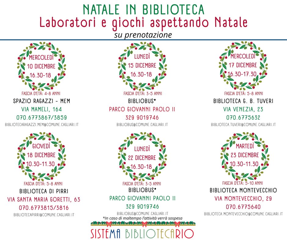 🎄🎄 Laboratori di Natale del Sistema Bibliotecario e Archivio Storico di Cagliari
Tutte le info nella locandina 🎄🎄