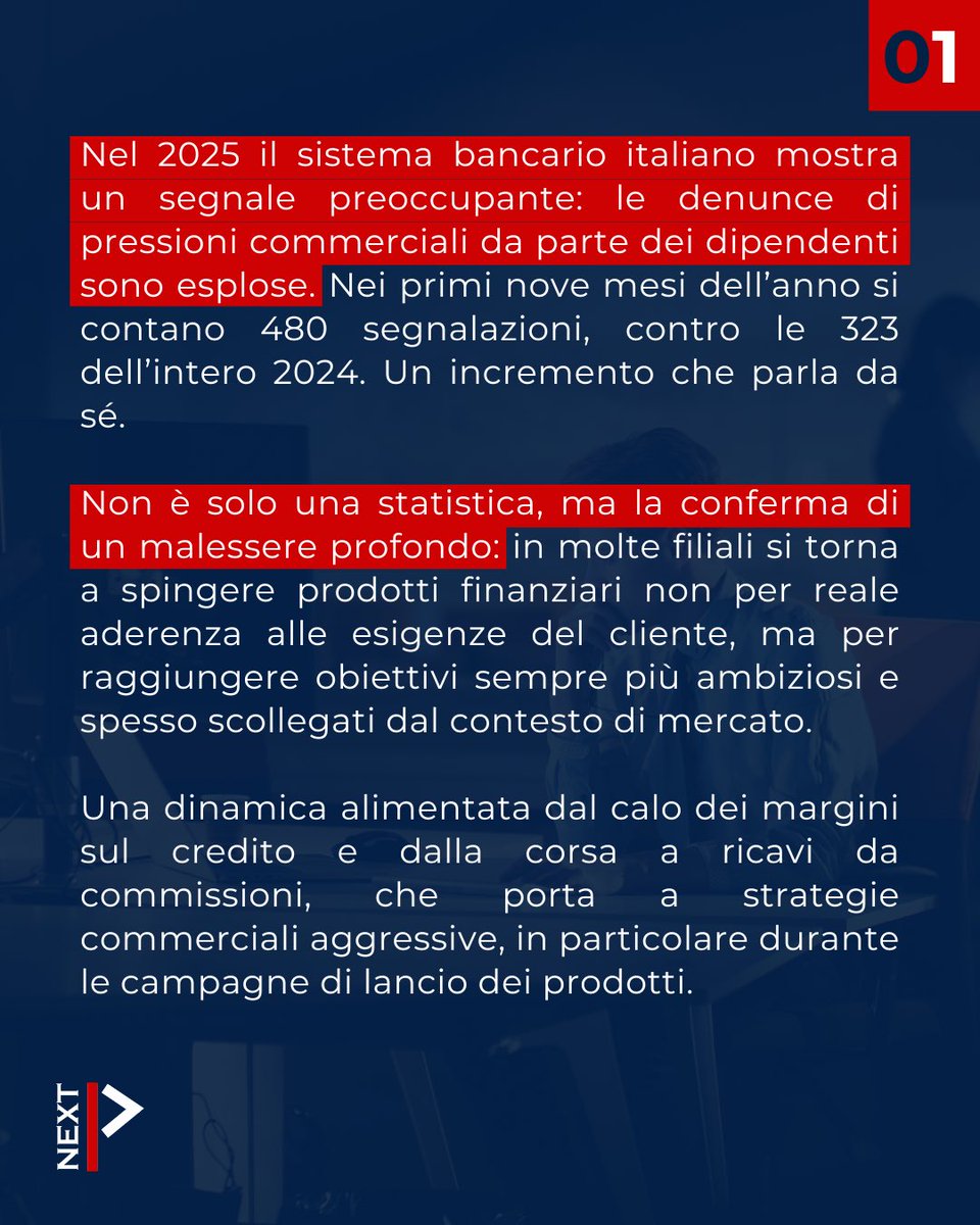 myNextperience's tweet photo. Nel 2025 le denunce di pressioni commerciali nelle banche italiane sono aumentate.

In un contesto in cui gli obiettivi interni contano più delle reali esigenze del cliente, cresce il rischio di scelte poco trasparenti e di investimenti proposti per “fare budget”. https://t.co/jLQnI0UEEg