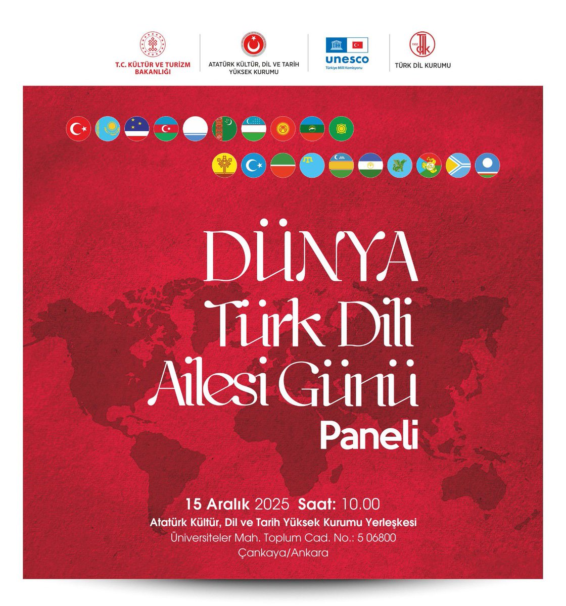 📌Dünya Türk Dili Ailesi Günü Paneli

🗓️ 15 Aralık 2025
⏰ 10.00
🏫 Atatürk Konferans Salonu

🔗 tdk.gov.tr/icerik/duyurul…