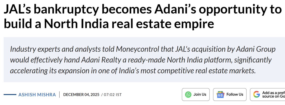 PropertyDecoder's tweet image. Vedanta was once leading the race but with creditor approvals and the emerging contours of the resolution plan, Adani now appears to be the strongest contender to acquire JAL’s large land bank.

If the deal materialises, Adani would gain access to ~3,500-4,000 acres in…