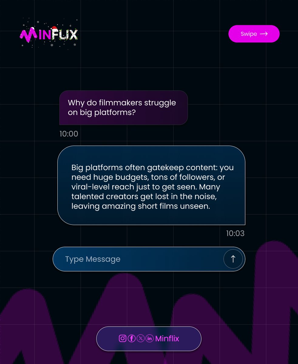 WatchMinflix's tweet photo. Big platforms make filmmakers feel invisible.

Too many rules. Too much gatekeeping. And your film disappears unless you already have numbers.

Minflix exists to break that cycle. Your story gets its own spotlight here. ✊ https://t.co/iRjfdLMOKd