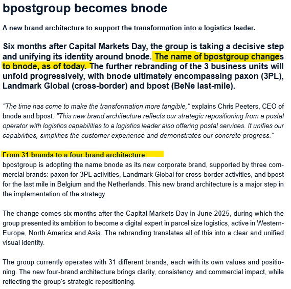 TSimonts's tweet photo. Naamsverandering: $bpost -> #bnode
Nieuwe structuur:
1/ #paxon (3PL act)
2/ #LandmarkGlobal (cross-border act)
3/ #bpost: last mile delivery (BE en NL)
"bnode tells a story of connection, growth and ambition. It sounds modern and shows we're ready for the future." https://t.co/bayPybuzE7