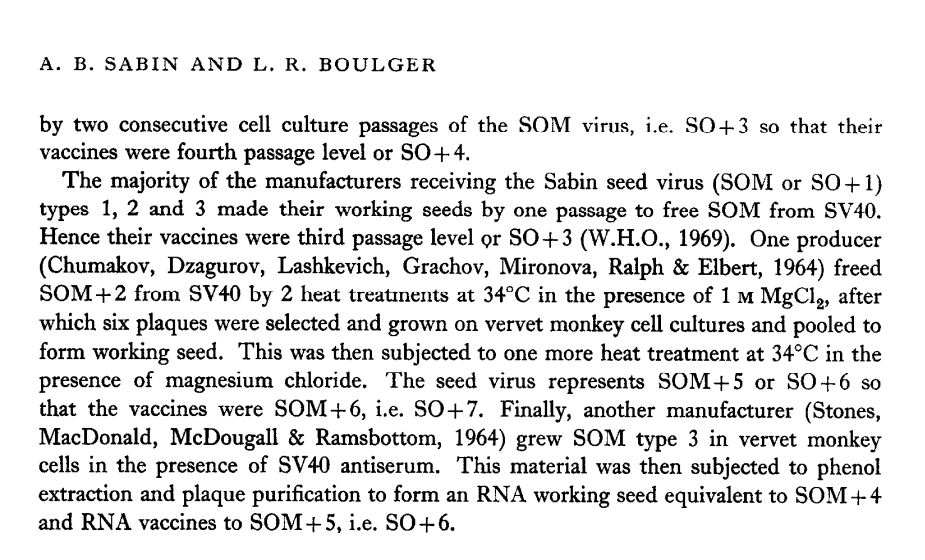Jikkyleaks's tweet image. The problem with this interview is the poisoning of the [really bad] original SV40 polio story with the extra "they put it through a linac" rubbish. 

Here is the original story from the monkey's mouth - Sabin and Boulger. 

That they used passaged GoF viruses for vaccinating…
