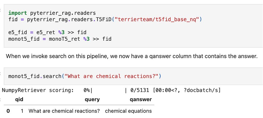 ir_glasgow's tweet photo. @KaustubhDhole @macavaney 🎄PyTerrier Advent 9/25: Yesterday—dense retrieval with E5 via PyTerrier_DR. Today—RAG! PyTerrier_RAG readers generate answers from retrieved docs. Example: a FiD reader over E5 results, w/ &amp; w/o monoT5 reranking 👇 Check the notebook for answer quality.
https://t.co/0JHApuIA9B https://t.co/8h1qPbif9L