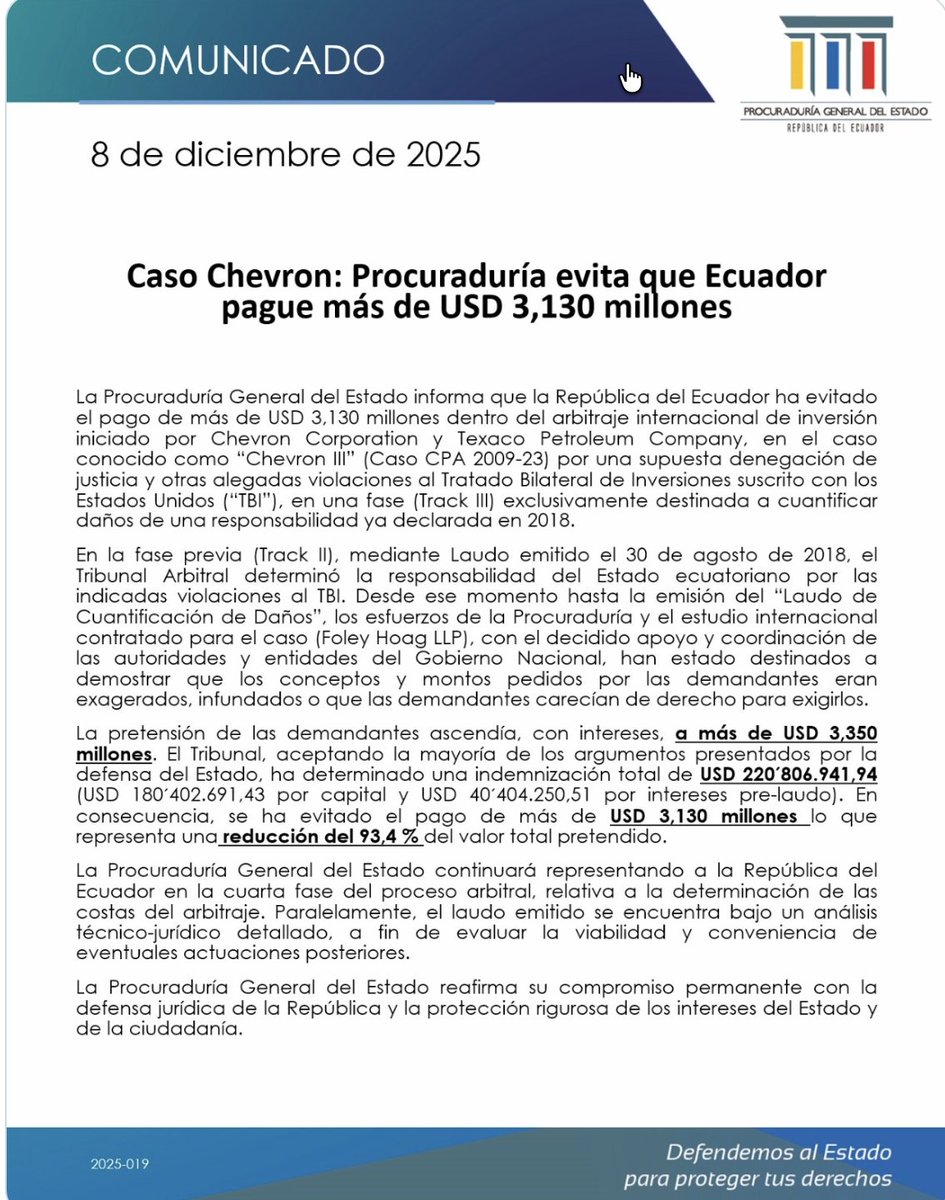 ¡Al fin, una buena noticia!

Ecuador no pagará los más de USD 3 mil millones que pretendía Chevron.

Un Tribunal Internacional dispuso que el país consigne solo USD 220 millones a la petrolera, una reducción del 93 % respecto de su pretensión inicial.
<a href="/PrimeraPlanaECU/">PrimeraPlanaECU</a>