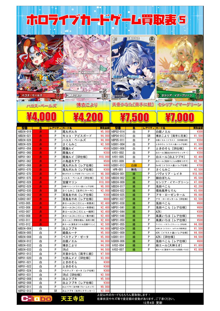 ホロカ 買取情報】12/4更新 #ホロライブOCG 買取価格表☄ SEC・OUR・UR