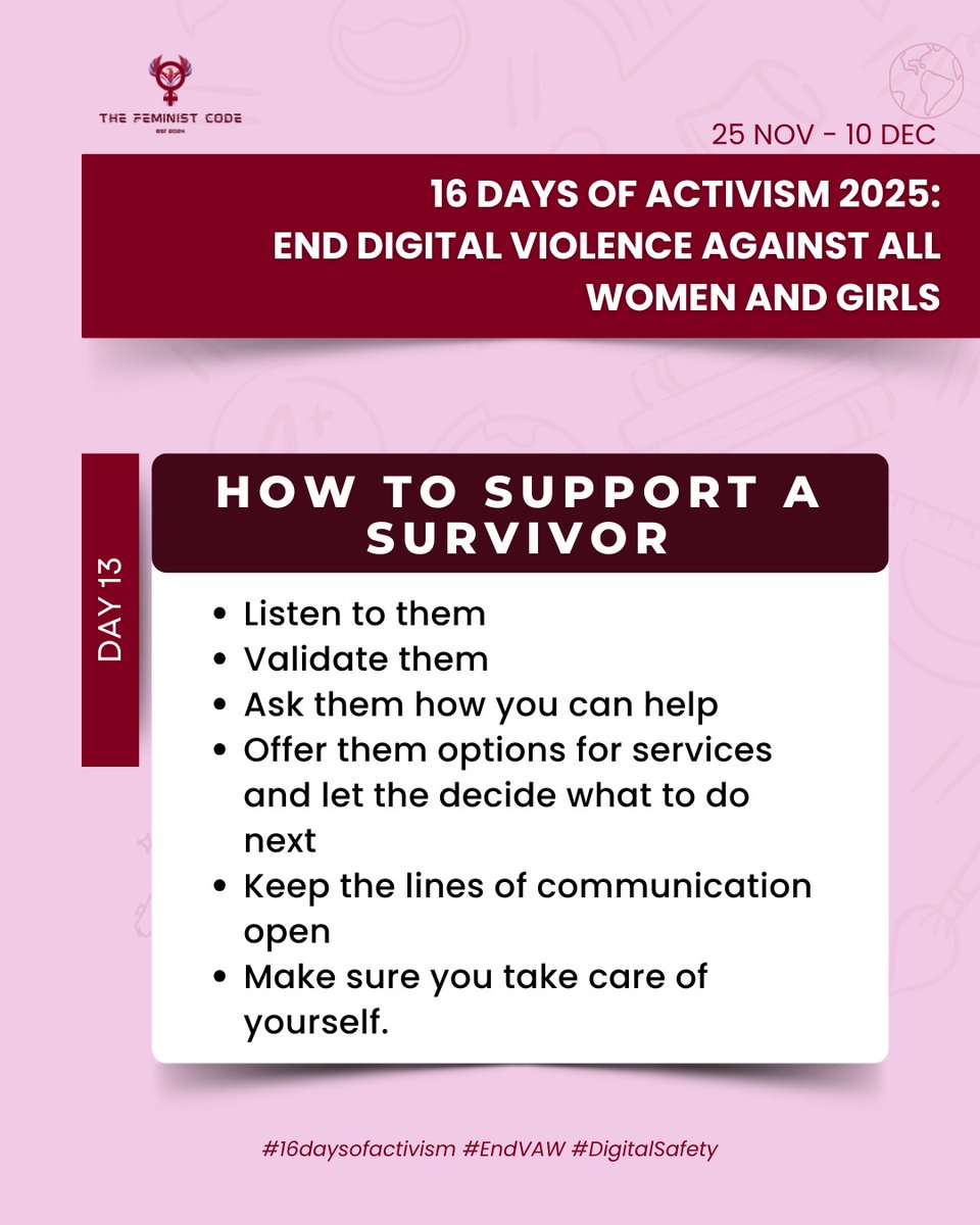 TheFeministcode's tweet image. Day 13 is all about supporting digital violence survivors 🫂🤝

Listen to them, communicate with them, show them you care 🫶

TFC stands with all survivors. ✊ You are seen. You are heard. And you matter.💙

#EndVAW #DigitalSafety #TFC