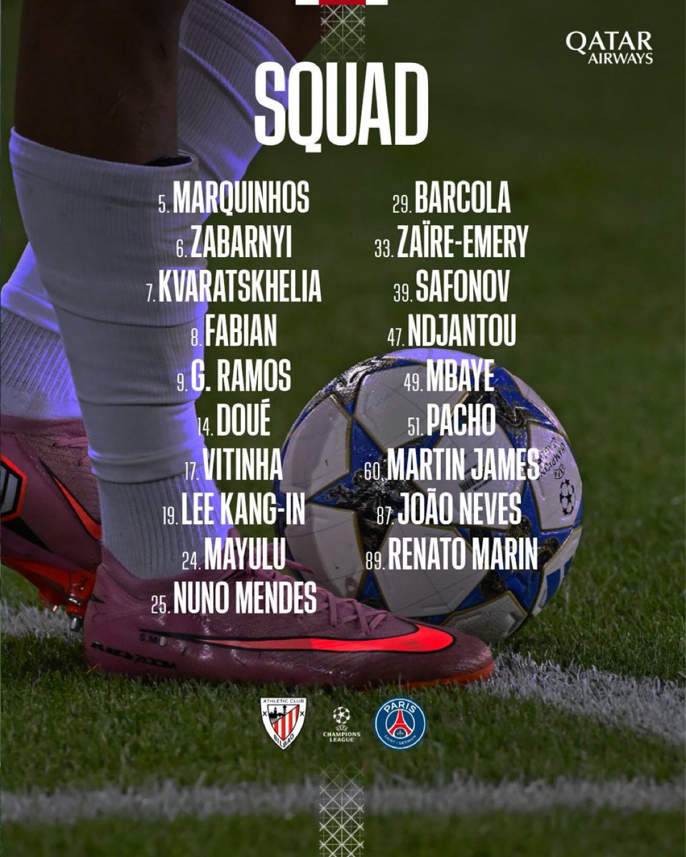 PSG 챔피언스리그 스쿼드 발표