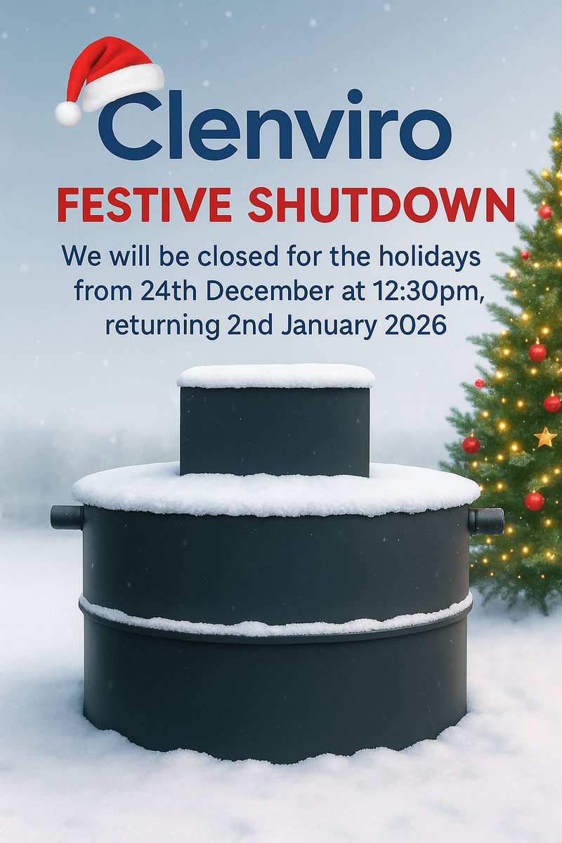 ClenviroL's tweet photo. Our Festive Shutdown is almost here.

We close on 24 December at 12:30pm and return on 2 January 2026.

#Clenviro #FestiveShutdown #MerryChristmas #WastewaterTreatment https://t.co/q1oyCMBKm6