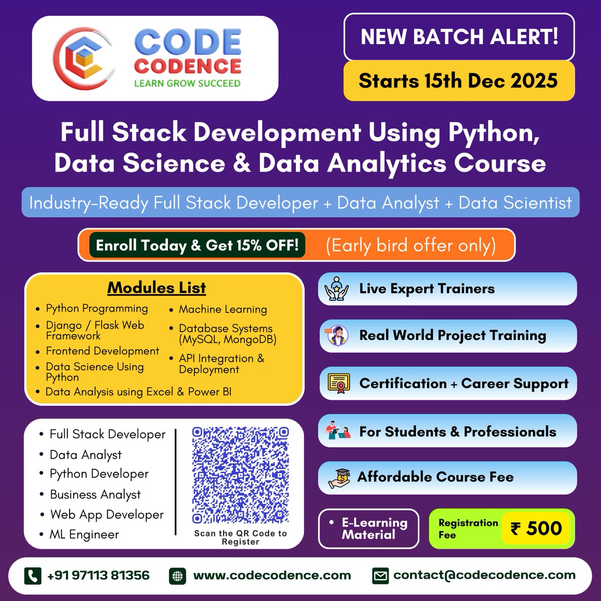 CodeCodence's tweet image. 🚀 India’s top Full Stack + Data Science Course — New batch 15 Dec, 15% OFF!

Master Python, ML &amp;amp; Web Dev with real projects.

👉 Enroll now for a career-ready 2026. 💻✨
🌐 codecodence.com

#fullstackdeveloper #pythondeveloper #skillupindia #jobreadyskills #codecodence