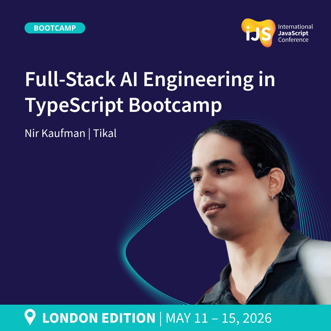 JavaScriptCon's tweet image. Level up your AI engineering skills! 🚀
Join Nir Kaufman in London for the Full-Stack AI Engineering in TypeScript Bootcamp (May 14–15, 2026) and learn how to design, build, and scale intelligent AI agents using LLMs and TypeScript.

Over two days, you’ll get hands-on experience…