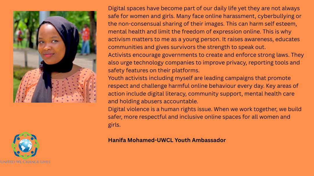 uwechangelives's tweet photo. Today marks Day 15 of the 16 Days of Activism against Gender Based Violence. Today we amplify and recognise the voices of UWCL Youth Ambassadors as they speak up for safer digital spaces. These are young voices sharing real concerns and solutions. #16DaysOfActivism #EndGBV https://t.co/PyC7e5swME