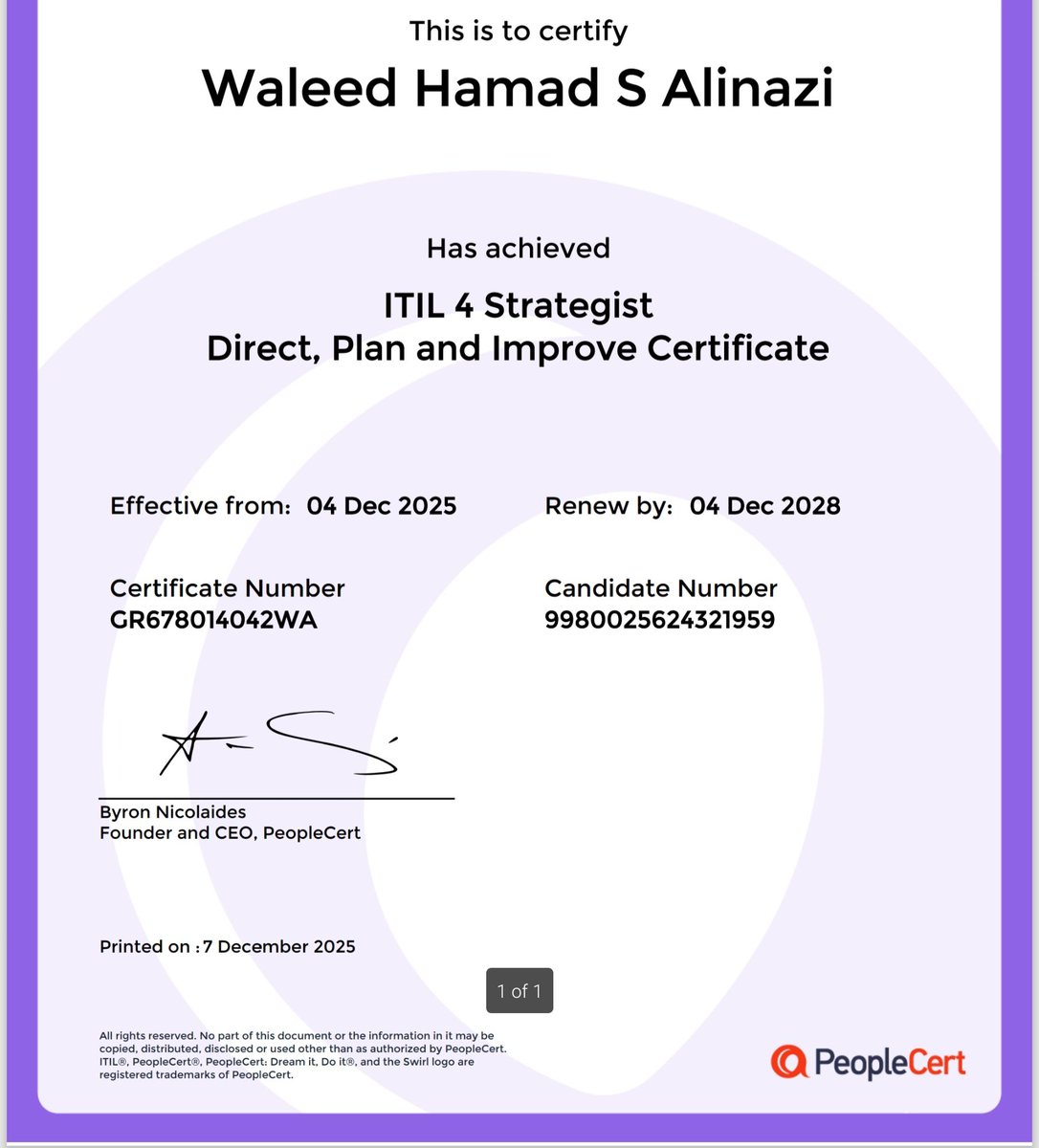 بحمد الله حصلت على شهادة احترافية بمجال حوكمة استراتيجية التحول الرقمي ITIL 4 Direct, Plan &amp; Improve