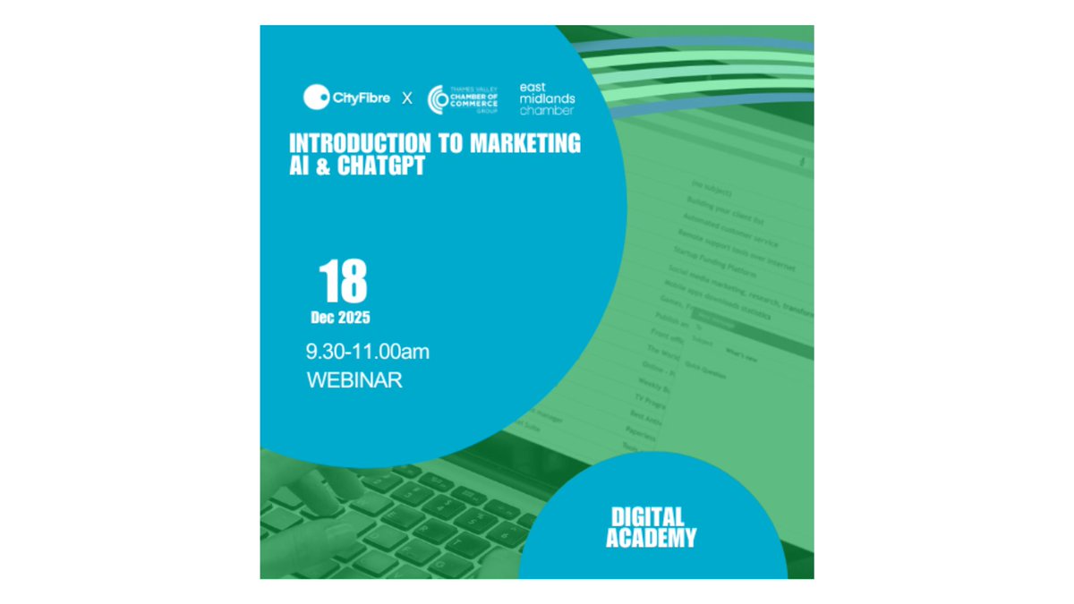 If you want a quick beginners guide to using AI and #ChatGTP for marketing, there's a free webinar next Thurs 18th December.

The 90 minute webinar is open to businesses across the East Midlands.

Book a free place: emc-dnl.co.uk/events/introdu…

#ukspf <a href="/CityFibre/">CityFibre</a> <a href="/TValleyChamber/">ThamesValleyChamber</a>