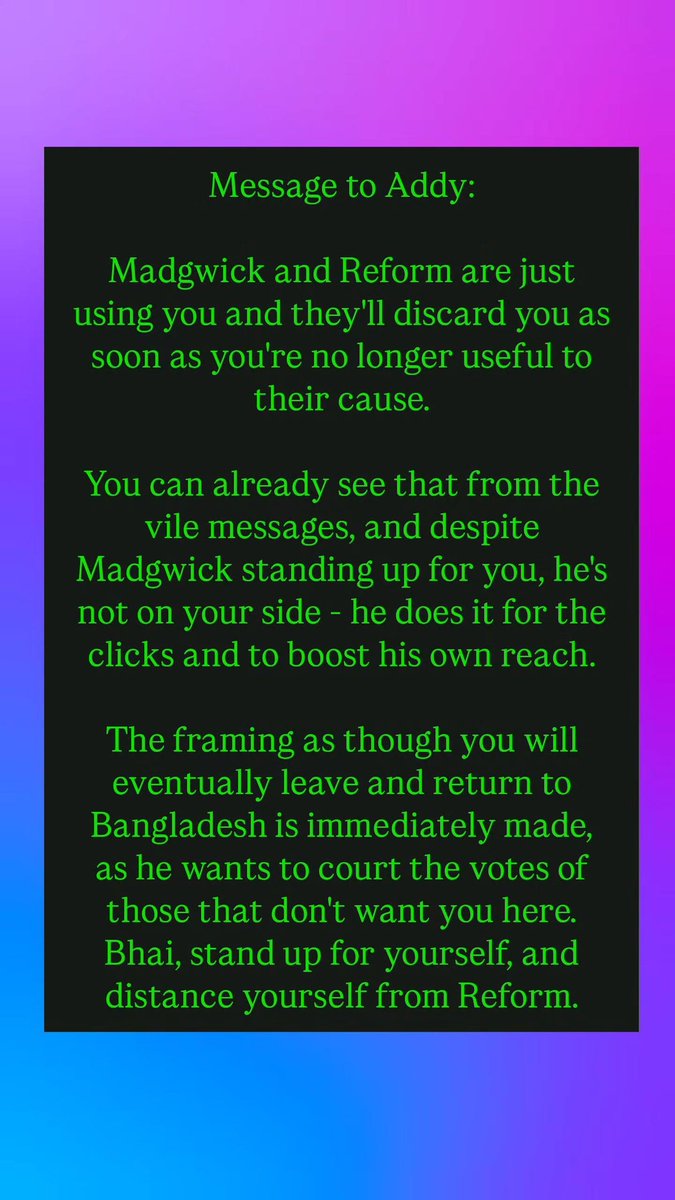 <a href="/georgeuk/"></a> George, you can't just use brown people in this manner, and suggest that after they contribute, it's fine if they plan to leave. We are not your tokens to spend.

I hope Addy realises Reform for what it is; I don't know if he'll see this but I really hope he does.