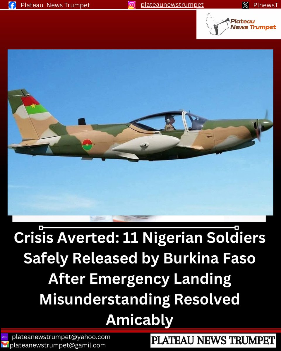 PlnewsT's tweet photo. Reports indicate  that 11 Nigerian military personnel have been detained in Burkina Faso after their aircraft made an emergency landing. 

Authorities there accused the flight of entering AES airspace without clearance. https://t.co/Cv6bncVaEy