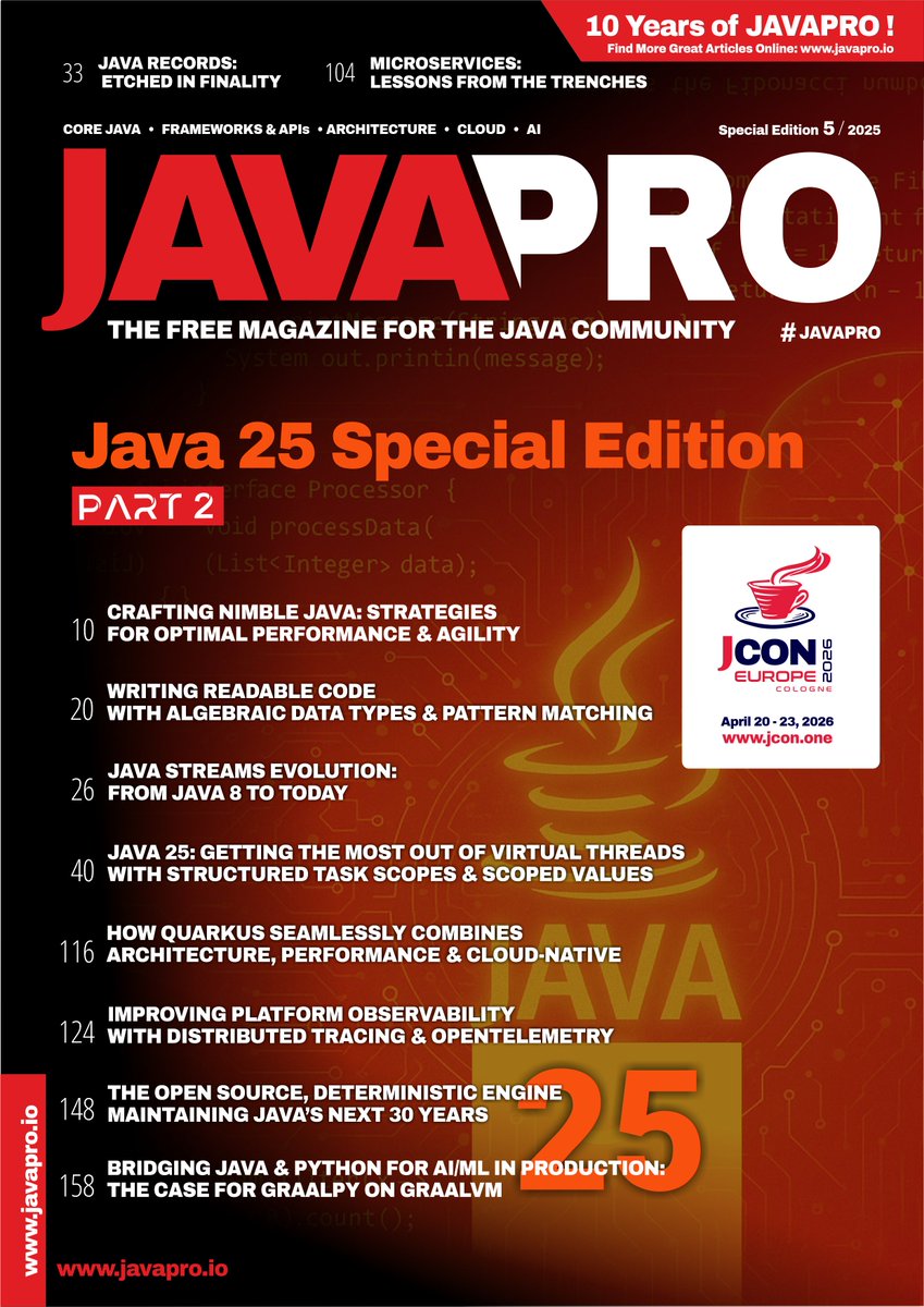JAVAPROmagazin's tweet image. The wait is over! #Java25 issue part 2 is out now &amp;amp; FREE to download! More expert insights, community voices &amp;amp; everything that makes this LTS a game-changer for enterprise &amp;amp; #AI.

Want the latest #JAVAPRO issues? Subscribe to our news &amp;amp; get every new PDF: javapro.io/2025/12/09/alw…