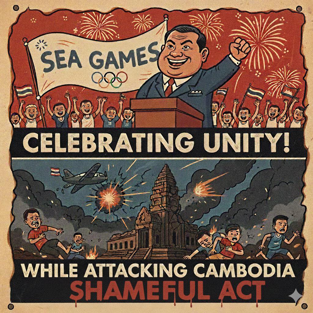 KonNeakh's tweet photo. ‘This is the truth they hide beneath the fireworks.’
As they cheer and celebrate 'unity' at the SEA Games, their bombs are falling on our sacred temples and killing our innocent people. We are crying out in pain and sorrow while they celebrate peace. THEIR FESTIVAL IS A LIE, a deeply shameful act that mocks the victims and ruins the spirit of the Games. The loss is irreversible, the hypocrisy unforgivable.
YOUR OPENING CEREMONY IS A MORAL FAILURE!!!