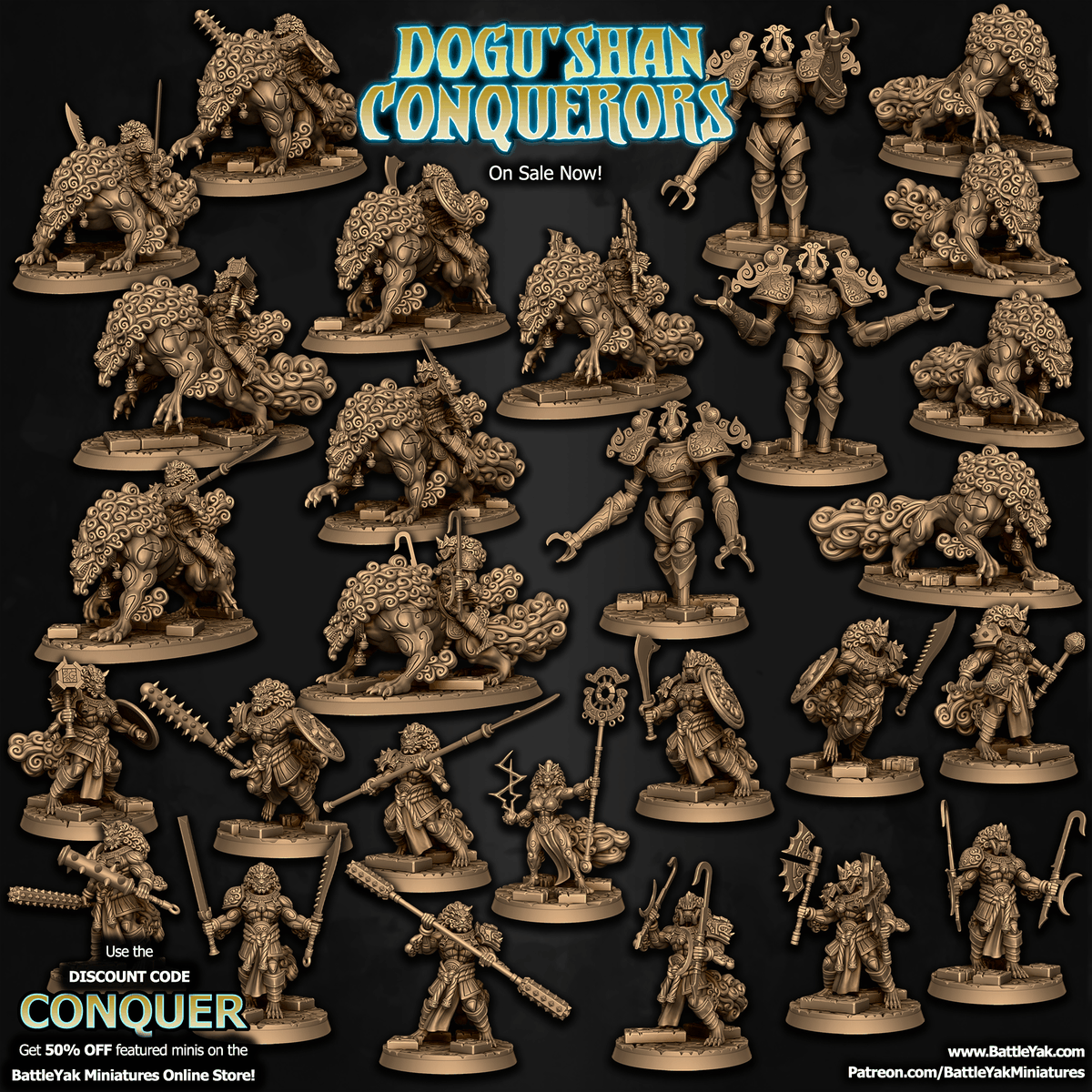 thebattleyak's tweet photo. The latest release from Battle Yak Miniatures is available now: the Dogu'Shan Conquerors!

#3dprinting #miniatures #fantasy #eldritch #horror #scifi #tabletopgaming #dnd #warhammer #wargaming #TTRPG #foodogs #doggo https://t.co/o1IGp2tjRd