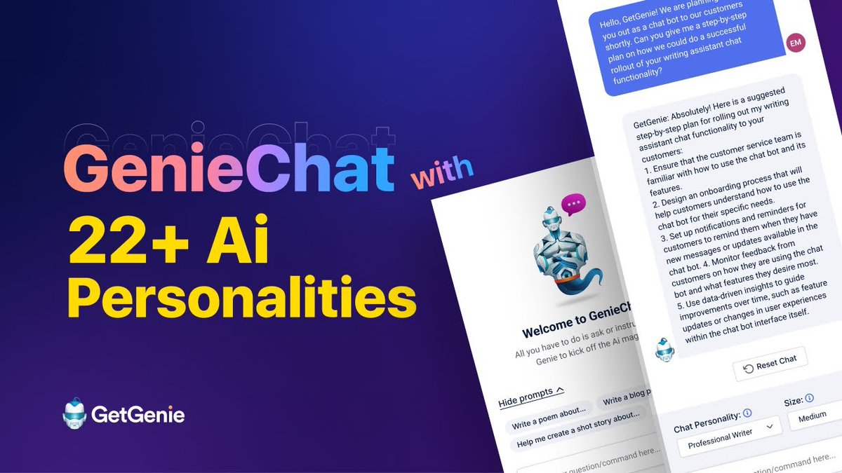 getgenieai's tweet photo. Discover GenieChat!! Your AI virtual assistant for WordPress!  

ChatGPT alternative with 22+ personalities for marketing, fitness, dating &amp; more. Multilingual, interactive, and human-like chats. 

Watch the demo: https://t.co/HtAo3SSQaO 

#AI #Chatbot #GetGenieAi #WordPress https://t.co/6rEwiwVQ9N