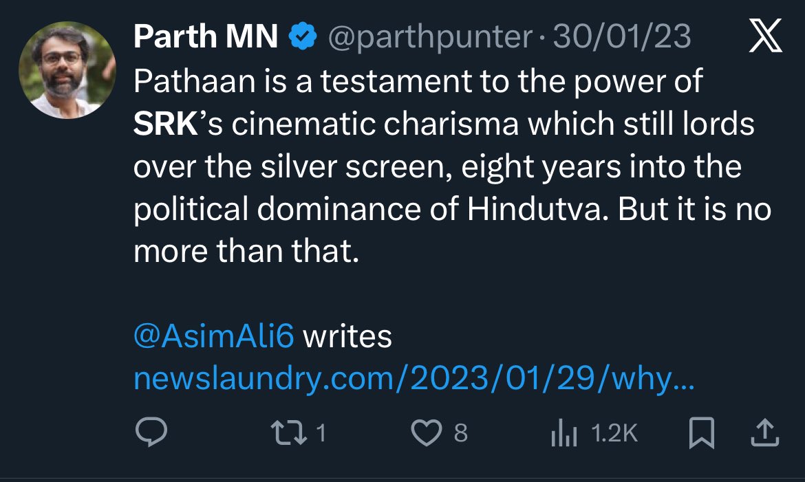 <a href="/parthpunter/">Parth MN</a> You didn’t remember this gyaanchodi during Pathan when you were licking SRK’s ass?