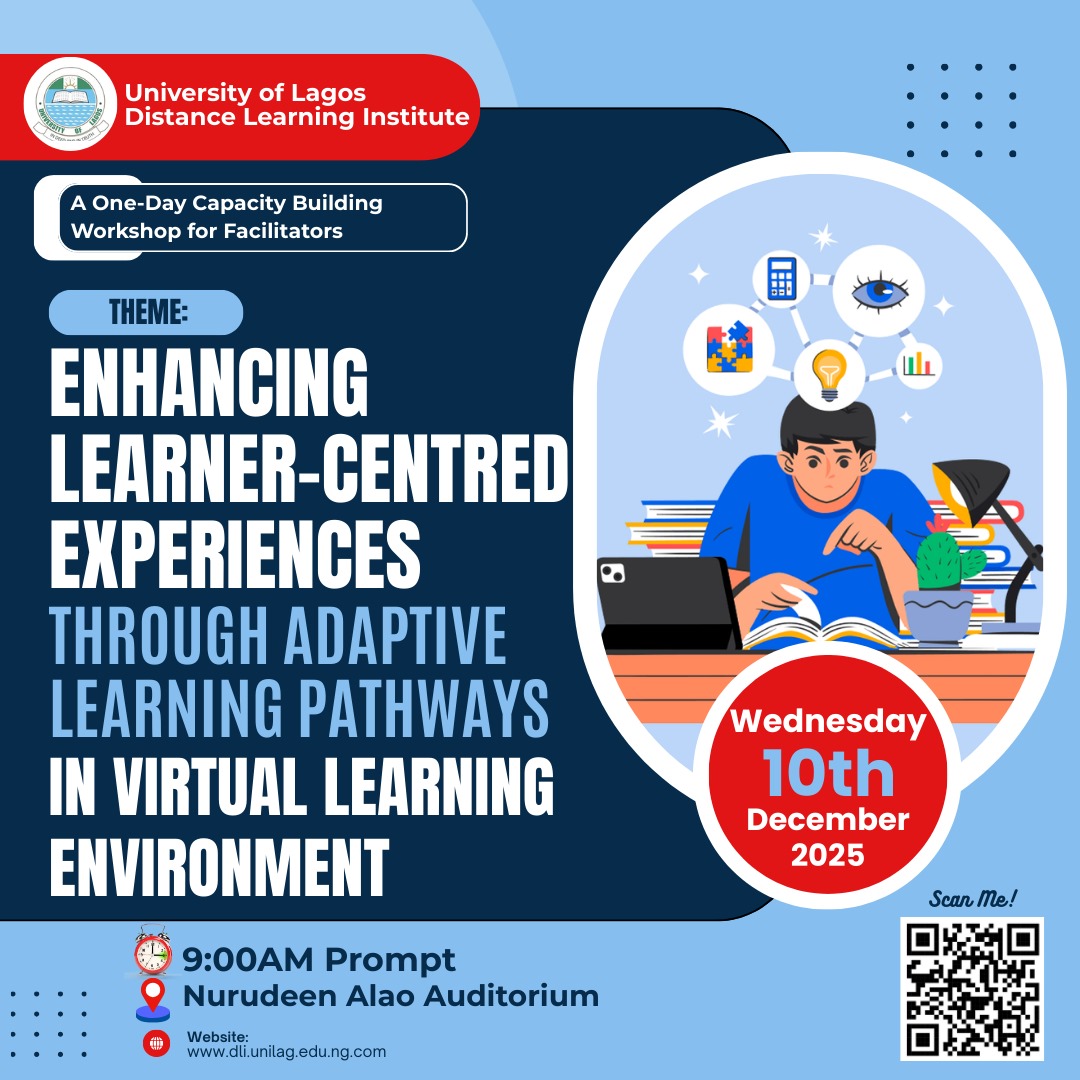 UnilagNigeria's tweet photo. DLI One-Day Capacity Building Workshop Holds, Dec 10

@DLIUnilag will hold a One-Day Capacity Building Workshop for DLI Facilitators on Wednesday, December 10, 2025, at 9:00a.m. in the Nurudeen Alao Auditorium, DLI.

The workshop, themed "Enhancing Learner-Centered... 

1/2 https://t.co/3KYPwogzqS