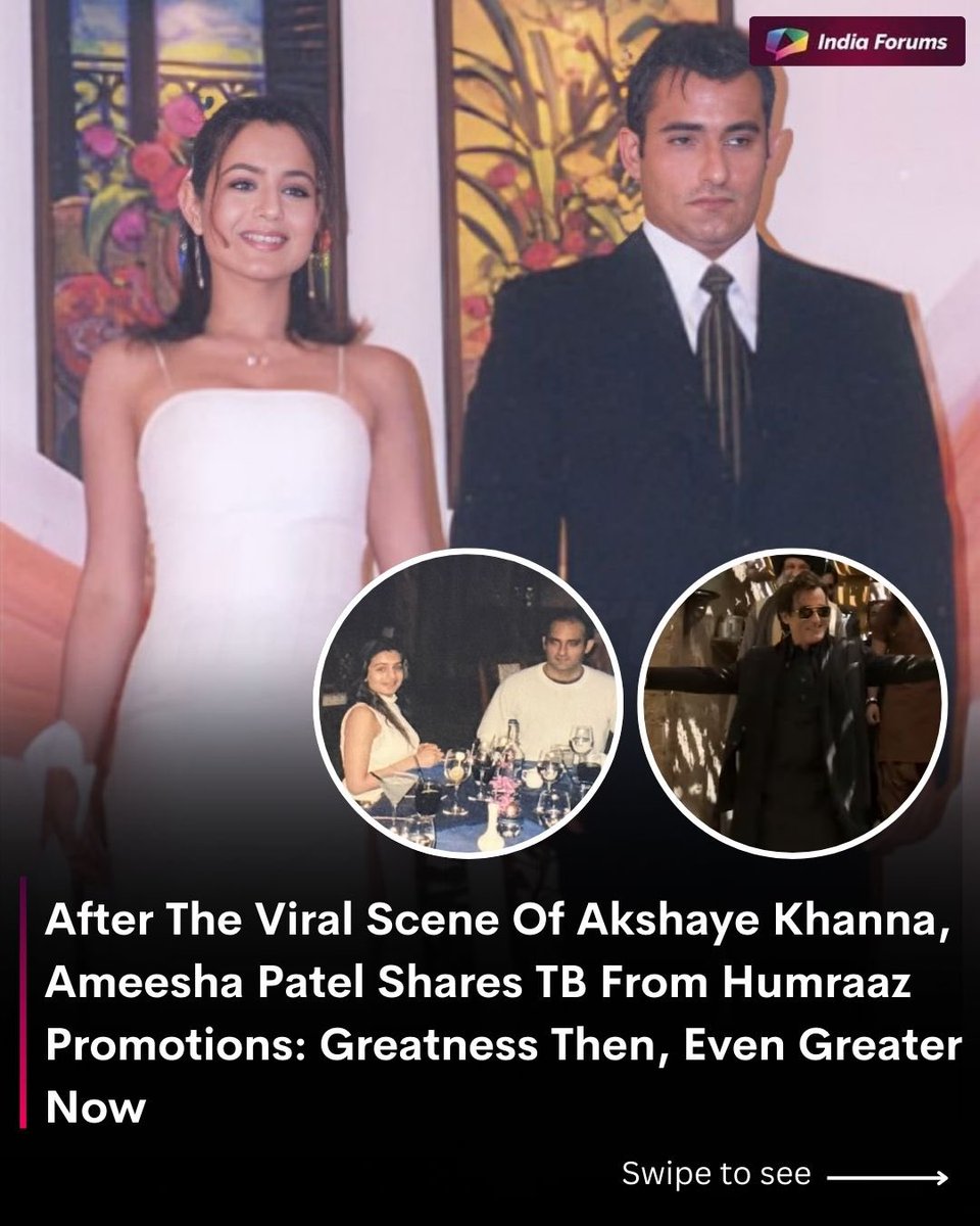 indiaforums's tweet image. After the viral scene of Akshaye Khanna, Ameesha Patel shares a throwback photo from Humraaz promotions with Akshaye Khanna, calling him ‘Greatness Then, Even Greater Now… And Now Blowing the Nation Away.’
.
.
.
#AkshayeKhanna #AmeeshaPatel #Humraaz @ameesha_patel