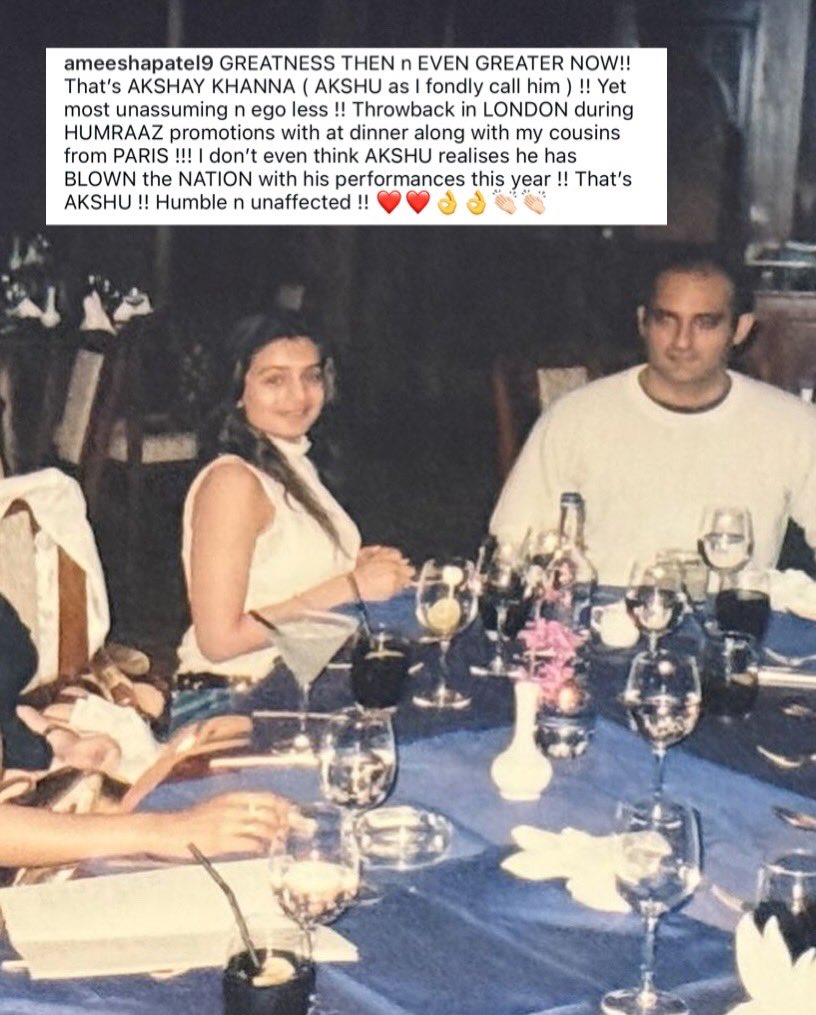 indiaforums's tweet image. After the viral scene of Akshaye Khanna, Ameesha Patel shares a throwback photo from Humraaz promotions with Akshaye Khanna, calling him ‘Greatness Then, Even Greater Now… And Now Blowing the Nation Away.’
.
.
.
#AkshayeKhanna #AmeeshaPatel #Humraaz @ameesha_patel