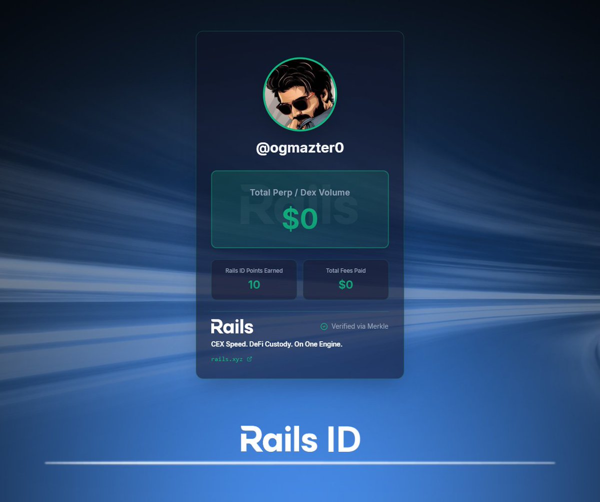 Just generated my Rails ID off $0 of DEX volume.

Grab your ID and plug into Rails Play, the newest product from <a href="/rails_xyz/">Rails</a> designed to teach you how to trade perps, for boosted Points: quest.rails.xyz/onboard?r=ogma…
