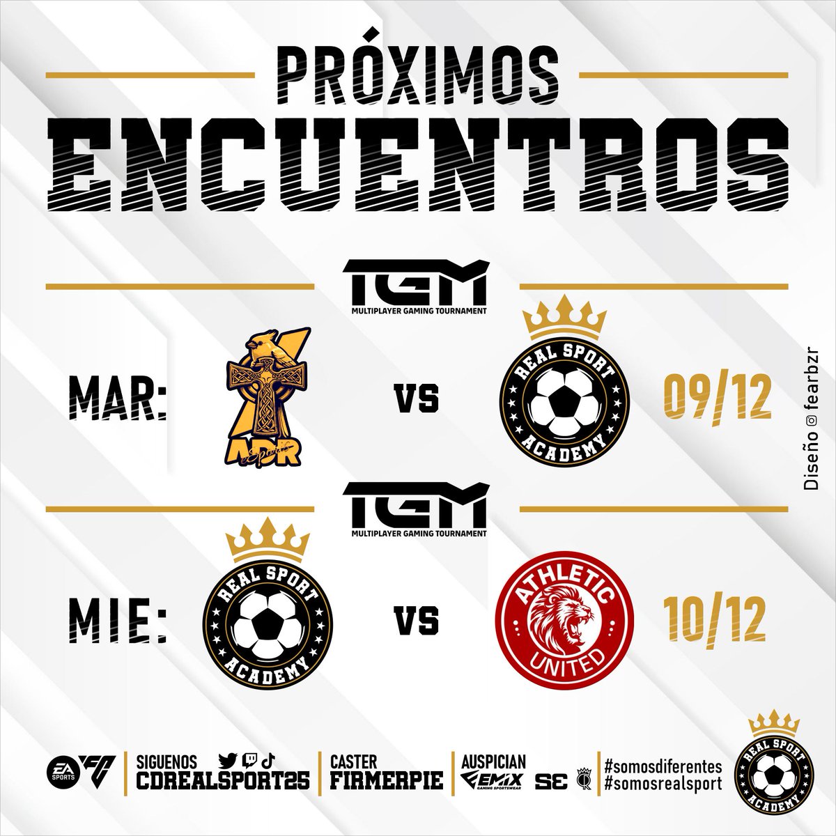 -REAL SPORT ACADEMY-

<a href="/LigaTGM/">Liga TGM</a> 

✈️🆚@ADR__eSports 
🏠🆚<a href="/Athl3tic_United/">Athletic United eSports</a>

Síguenos: 
📺|twitch.tv/realsportacade…
🖌️|<a href="/fearbzr/">Fernando Arocena FE4rBzR*</a>  
🎙️|<a href="/FIRMERPIE/">FIRMERPIE</a>  

#somosdiferentes #somosrealsport
💛🖤🤍