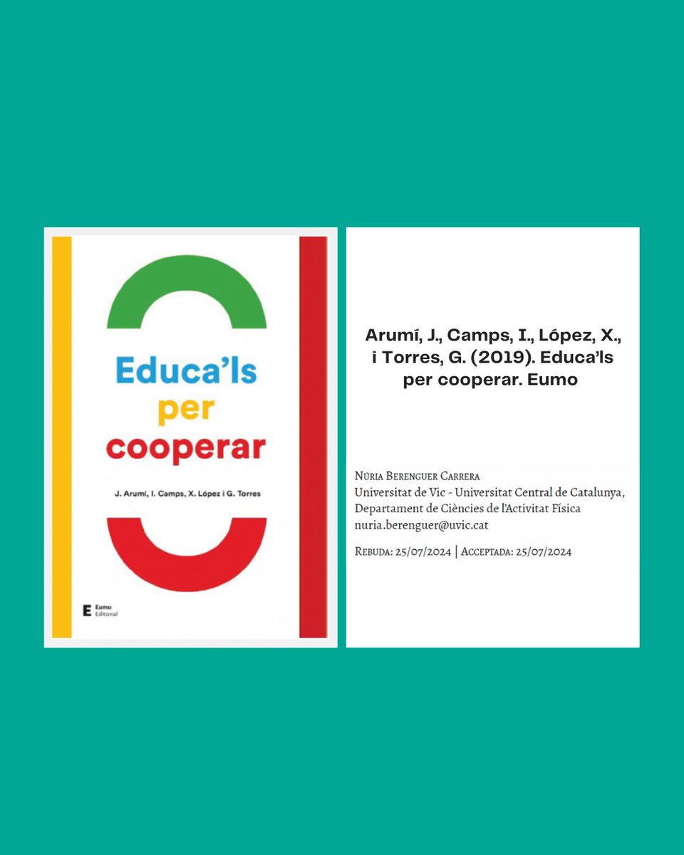 📝 #Ressenya de Núria Berenguer sobre “Educa’ls per cooperar” d’Arumí, Camps, López i Torres. La cooperació es construeix a l’aula amb pràctica, conflictes i reflexió crítica al costat.

doi.org/10.17345/comed…

<a href="/PublicacionsURV/">PublicacionsURV</a> <a href="/llenguesURV/">Llengües URV</a> <a href="/uvic_ucc/">UVic-UCC</a> <a href="/UVic_FETEP/">FETEP - UVic</a> <a href="/UVic_CAFE/">UVic_CAFE</a>