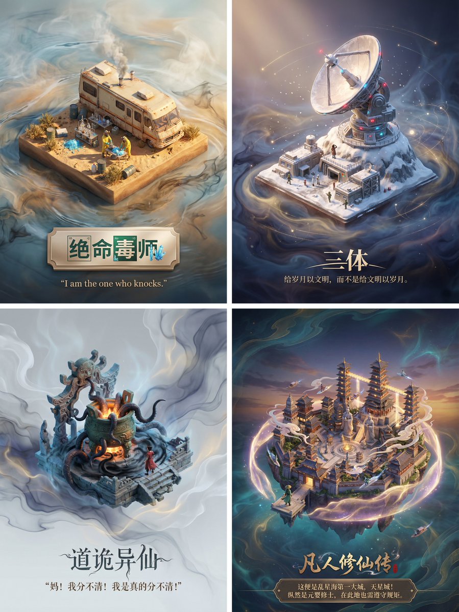 被Nano Banana Pro 的美學表現震撼!太頂了
一鍵產生任何影視劇或小說的場景海報提示詞
優化了一下我的微縮場景模型提示詞,增加文案部分的效果以及模型周圍的特效
沒想到適配性這麼好,每個場景、文字效果、模型周圍的特效都非常適