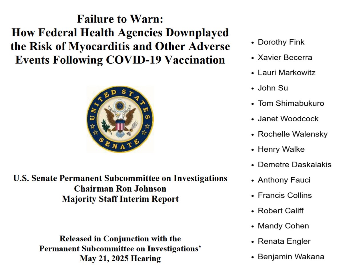 P_McCulloughMD's tweet photo. US FDA, HHS, and White House Hid Myocarditis Risk Including Fatal Cases from Public

Conclusions from US Senate Hearing HSGAC PSI May 21, 2025.  Finally an ethical FDA staffer leaked an internal memo of 96 childhood deaths after COVID-19 vaccination.  Still no recall or black box warning, just podcasting and press interviews from FDA commissioner Makary.  No actions taken to protect citizens.  @MartyMakary @DrMakaryFDA @SenRonJohnson