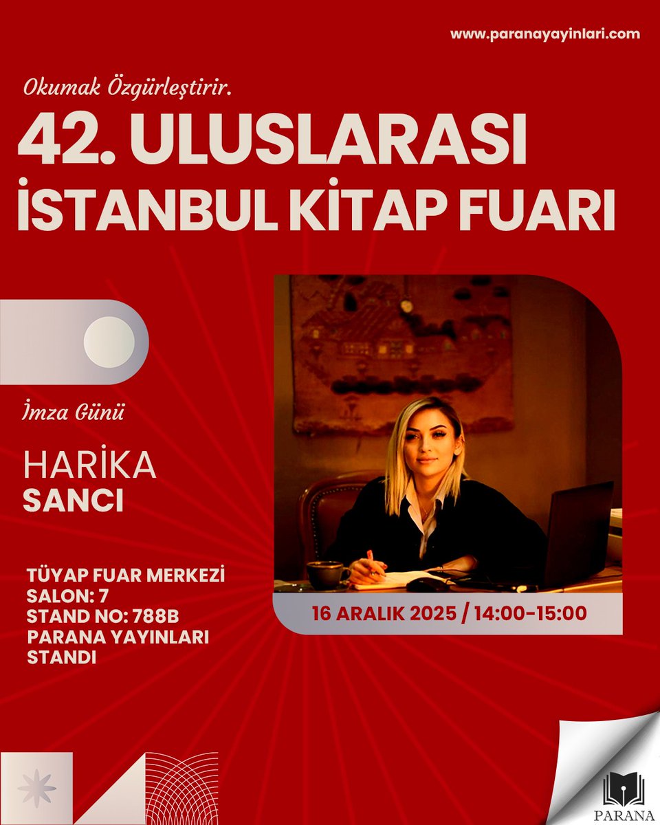 Merhaba sevgili takipçilerimiz, 13-21 Aralık tarihleri arasında yazarlarımızla birlikte İstanbul Tüyap Kitap Fuarında olacağız. Tüm kitap severleri standımıza bekleriz. ❤️

#paranayayınları #tüyap #istanbultüyapkitapfuarı #istanbul #imzagünü #davet #tavsiyekitap