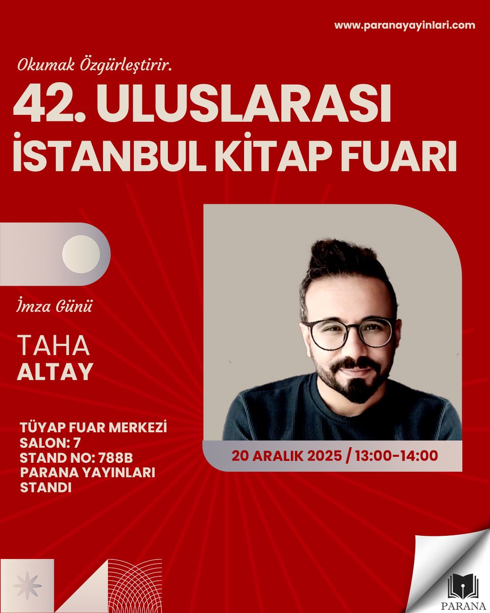 Merhaba sevgili takipçilerimiz, 13-21 Aralık tarihleri arasında yazarlarımızla birlikte İstanbul Tüyap Kitap Fuarında olacağız. Tüm kitap severleri standımıza bekleriz. ❤️

#paranayayınları #tüyap #istanbultüyapkitapfuarı #istanbul #imzagünü #davet #tavsiyekitap