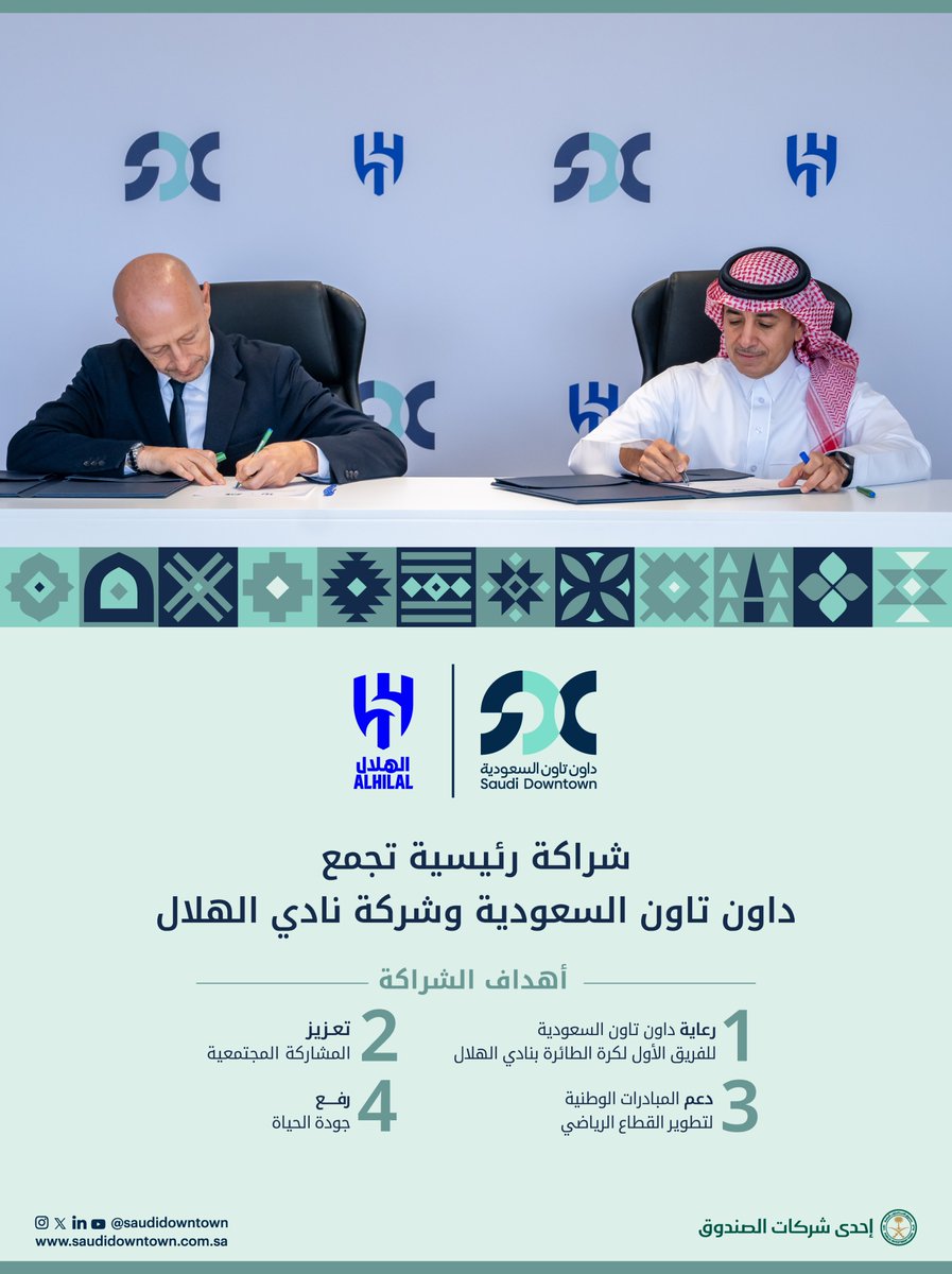 نفخر في داون تاون السعودية أن نكون الراعي الرسمي للفريق الأول لكرة الطائرة بنادي الهلال، في إطار التزامنا بدعم المجتمعات وتحقيق مستهدفات رؤية السعودية 2030.
للمزيد: saudidowntown.com.sa/media-centre/S…
