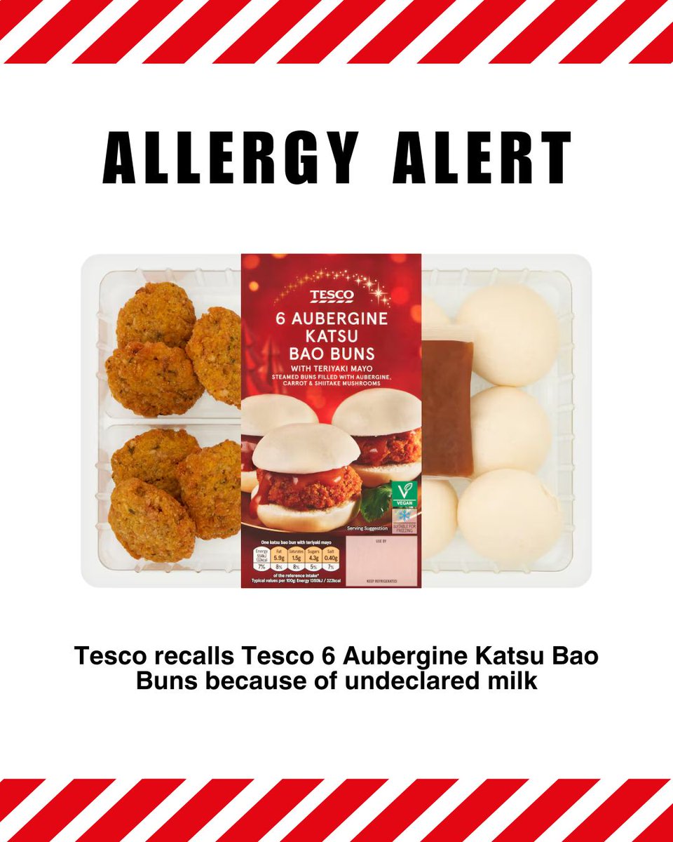 Tesco is recalling Tesco 6 Aubergine Katsu Bao Buns because it may contain milk which is not mentioned on the label. This means the product is a possible health risk for anyone with an allergy or intolerance to milk or milk constituents.

orlo.uk/8eQtr