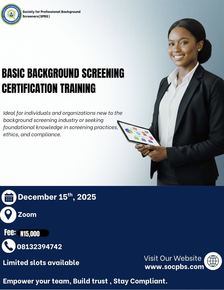 Join our Basic Background Screening Training and gain tools, knowledge and certification to do background screening.

Send a DM to register now !!!
#backgroundscreeningcompanies #spbs