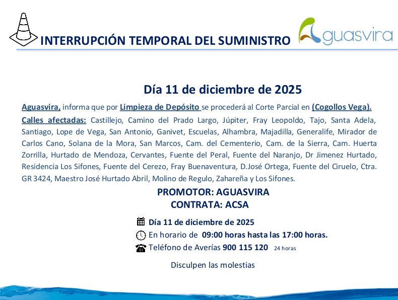 Corte parcial #CogollosVega por limpieza de depósito.
📅Jueves 11 de diciembre
🕐de 09;00 horas hasta las 17;00 horas.
Disculpen las molestias