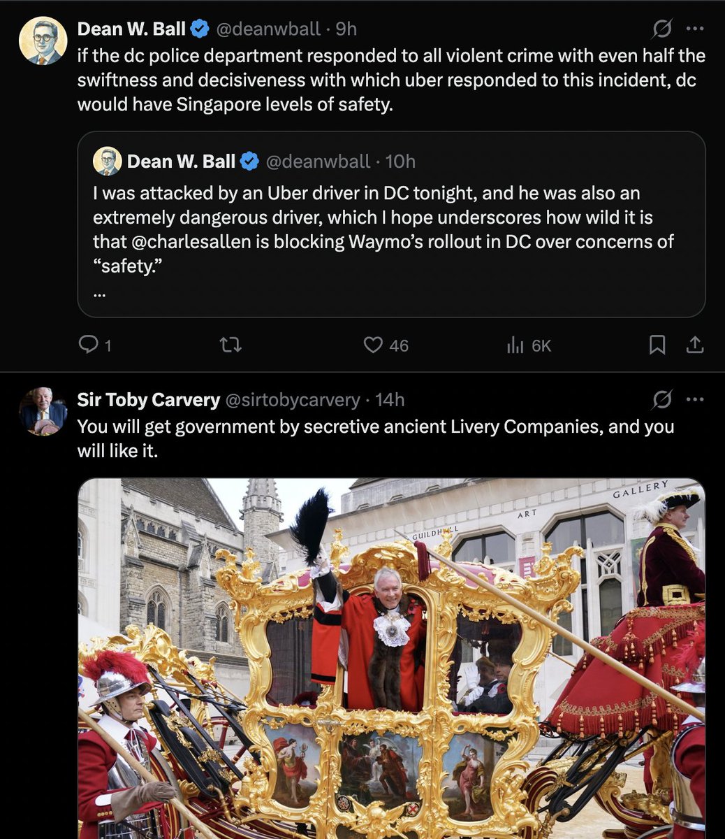sometimes you get a glimpse of the X algo getting smarter:

I read <a href="/deanwball/">Dean W. Ball</a>'s tweet and thought to myself: "well, private companies will deliver Singapore levels of safety in the future instead of the dc pd" and the next tweet already expressed the thought.