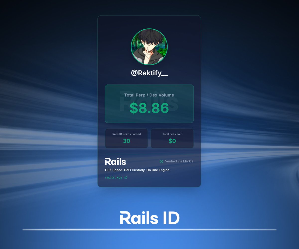 Just generated my Rails ID off $8.86 of DEX volume.

Grab your ID and plug into Rails Play, the newest product from <a href="/rails_xyz/">Rails</a> designed to teach you how to trade perps, for boosted Points: quest.rails.xyz/onboard?r=Rekt…