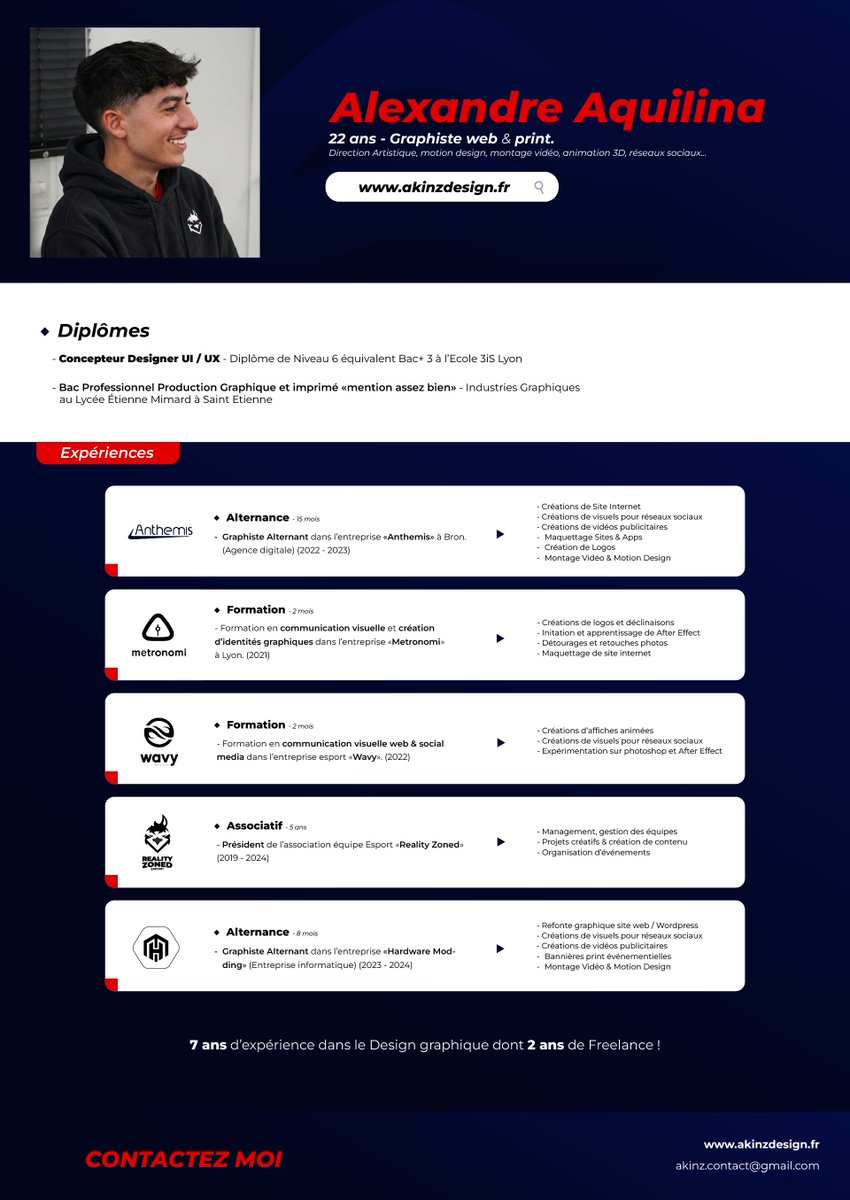 Bonjour,

Je suis actuellement à la recherche d'un poste en tant que Graphiste, Motion Designer en CDI ou CDD.

> Bac+3 en Concepteur Designer UI / UX
> 2 ans d'alternance
> 2 ans en Freelance

Portfolio : akinzdesign.fr