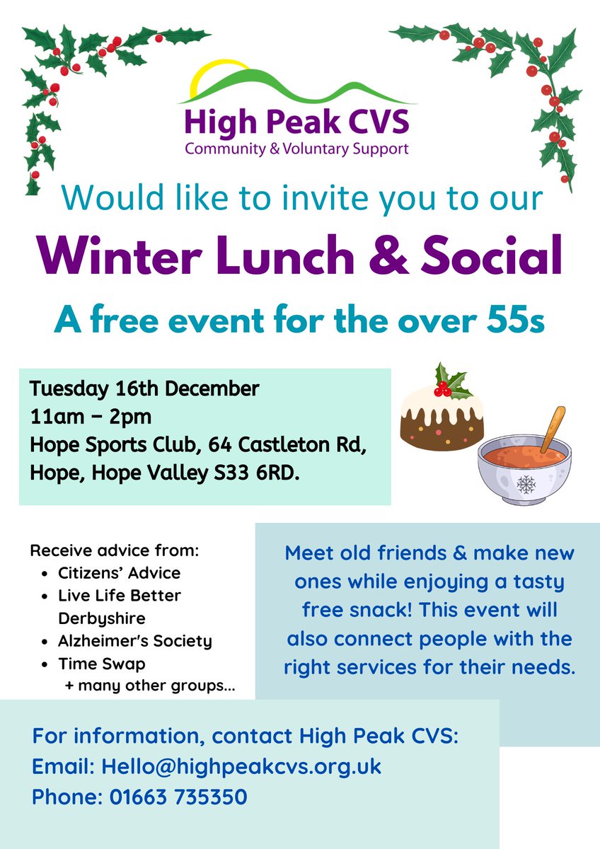 Just one week to go! ❄️ Save the date!
Our FREE Winter Lunch &amp; Social for over 55s is happening at Hope Sports Club in the #HopeValley on Tuesday 16 December, 11am–2pm.
Join us for:
🍽️ Delicious lunch &amp; cake
💬 Friendly conversation
💡 Tips on staying #Healthy, #Caring &amp; more!