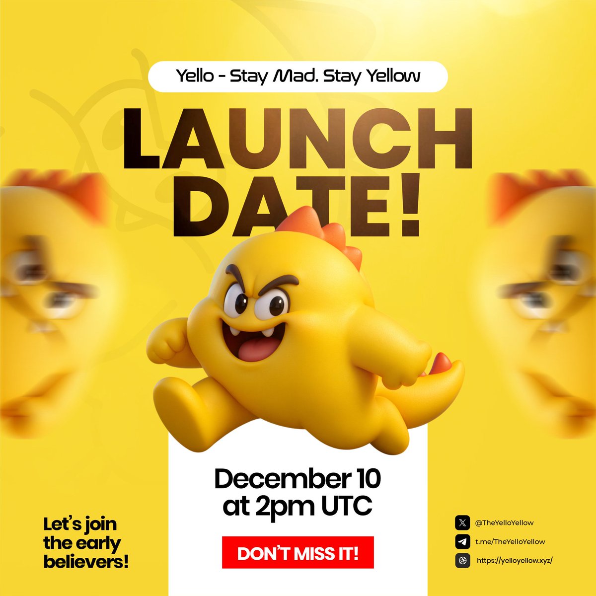 EOY meta: $YELLO 🟡

Gearing up for one of the fairest launches this December 10th, 2PM UTC on #BSC.
 
The only yellow play with permanent LP lock, renounced contract, full audit, and real Mad Faces #NFT utility.

NFA.. Position accordingly nd DYOR.. 👇

Website: