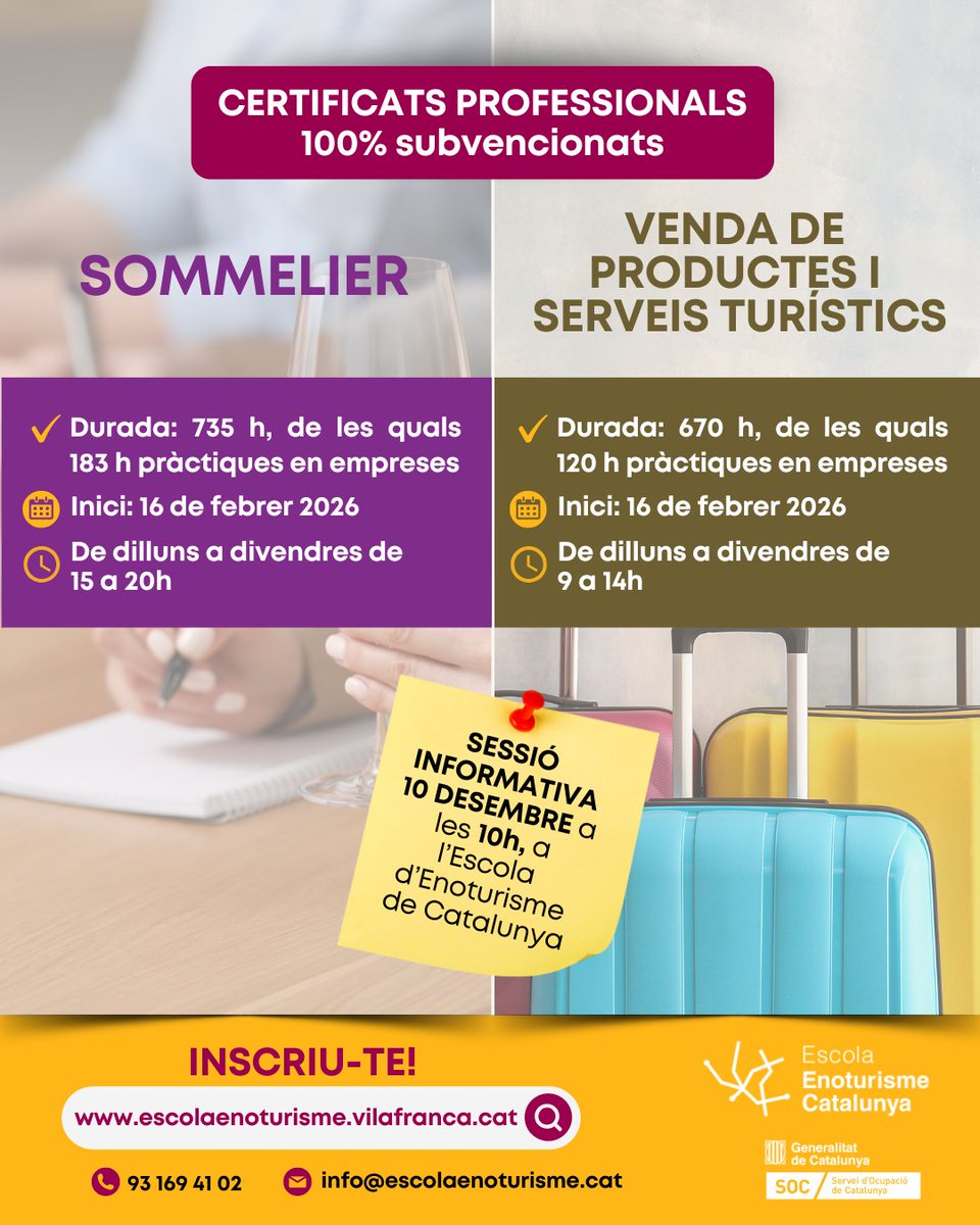 🔛 Inscripcions obertes als Certificats Professionals 100% subvencionats pel SOC. Inici 16 de febrer 2026‼️

➡️🍷Sommelier
➡️✈️Venda de productes i serveis turístics

⚠️Sessió informativa demà 10/12 a les 10h, a l'Escola d'Enoturisme de Catalunya📍

🔗escolaenoturisme.vilafranca.cat/formacio/forma…