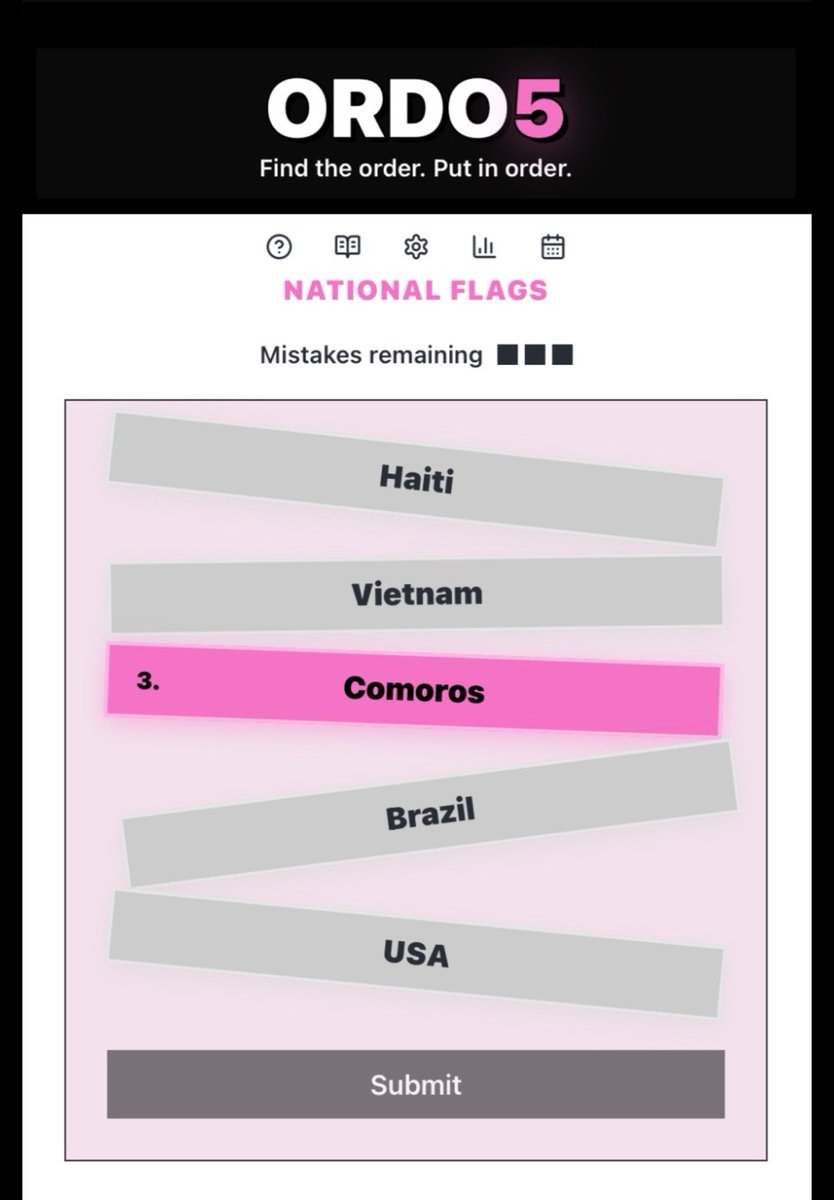 ORDOFive's tweet image. Today’s puzzle = National Flags
ordo5.com
Only ONE of these three ways to order will work. Which is it?
• Number of stars
• Flag adoption year
• Number of colors
#ORDO5 #DailyPuzzle #LogicPuzzle #BrainTeaser #PuzzleGame