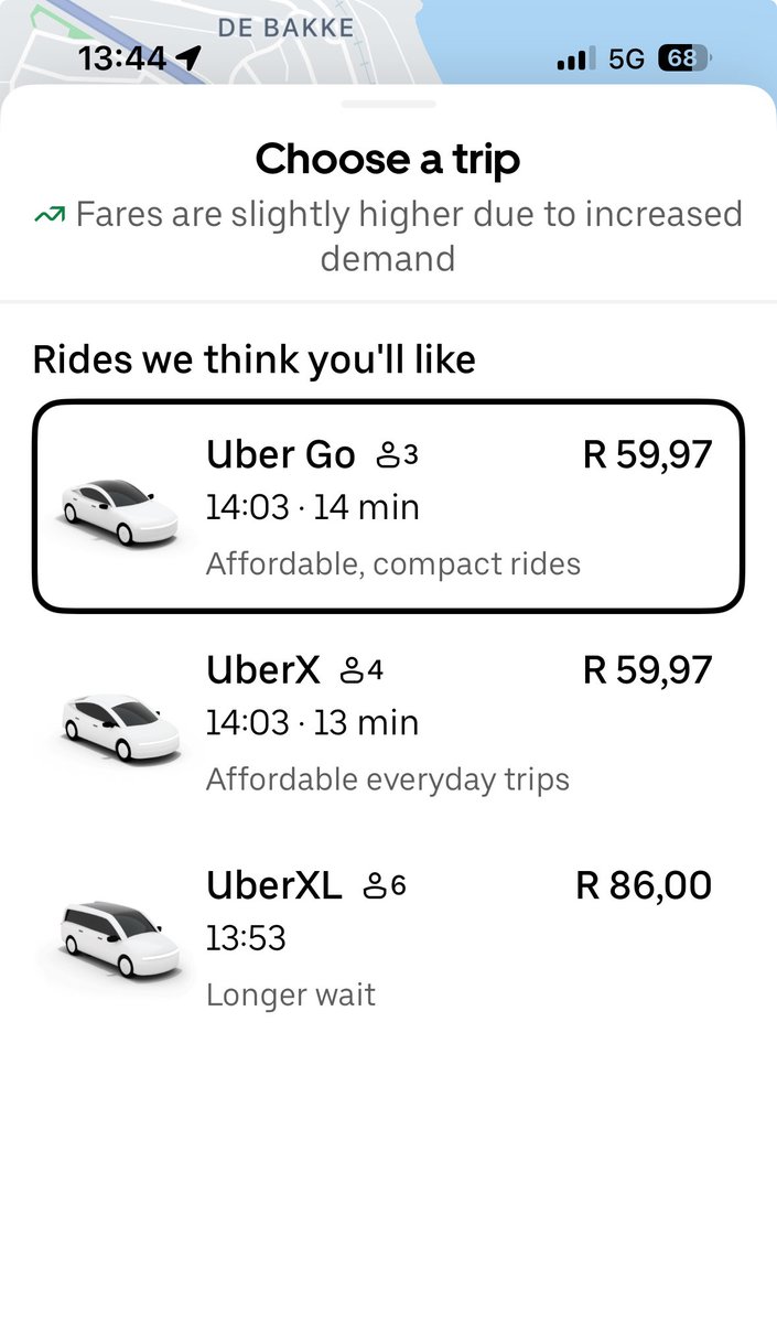 Very disappointing to struggle to get an <a href="/Uber_RSA/">Uber South Africa</a> here in Mosselbay today.. Seriously not impressed.. No cars for past 30 minutes and why no Uber comfort or black, have some senior citizens that need a ride..