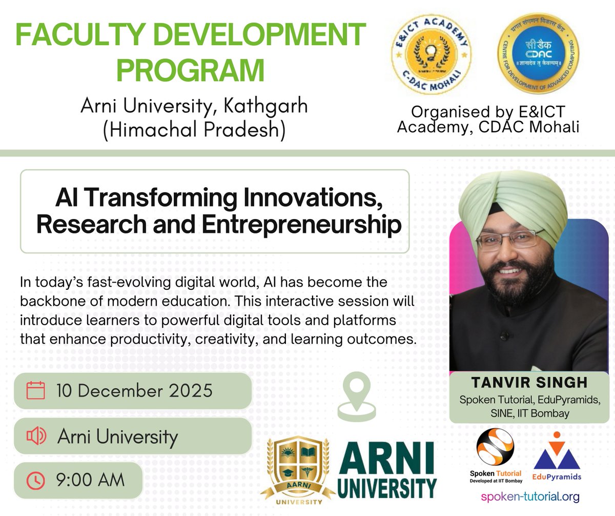 Honoured to speak at Arni University, Himachal Pradesh  on “AI Transforming Innovations, Research &amp; Entrepreneurship.” AI is not the future anymore—it's the present, and educators are leading the change.

#AI #Education #FDP #ICT #entrepreneurship #academics #research