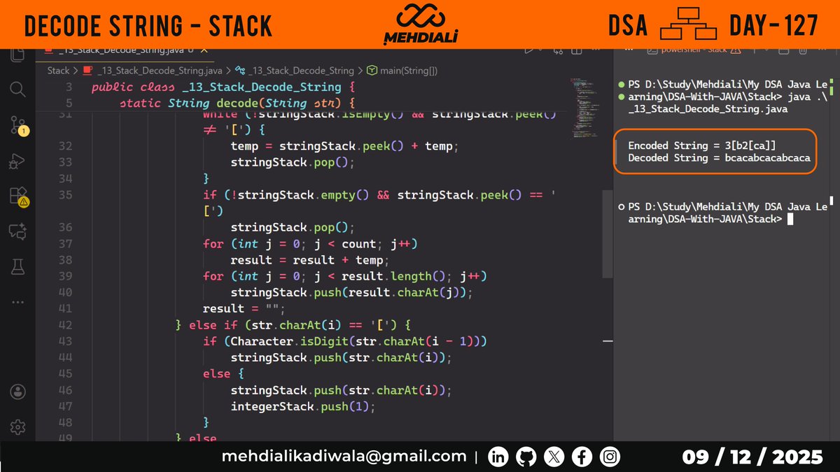 mehdiali_mk's tweet image. Decode String - Stack  | DSA – DAY – 127
Github Link: github.com/mehdiali-mk/DS…

LinkedIn: linkedin.com/in/mehdiali-mk/

#365DaysofCode #365dayscoding #100daysofcodechallenge #100daysofcode #LearnDSA #DSAinJava #JavaProgramming #AlgorithmDesign #CodingPractice #codedaily