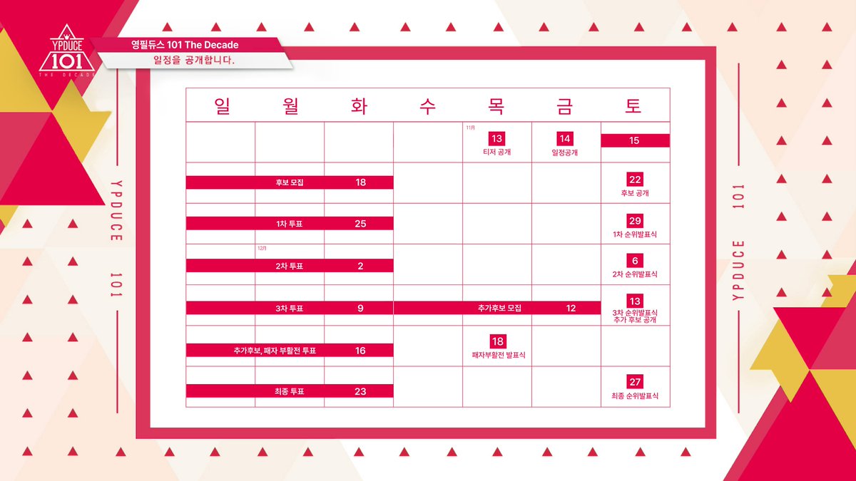 YPDUCE's tweet image. ʏᴘᴅᴜᴄᴇ𝟣𝟢𝟣  𝙏𝙝𝙚 𝘿𝙚𝙘𝙖𝙙𝙚

추가 후보 모집을 시작합니다.
패자부활전+추가후보 등록으로 10개의 후보가 추가됩니다.

추가 후보 등록의 경우, 추천을 받은 후보 모두 등록이 되지 않습니다.

모집 기간: 12/10 ~ 12/11
🔗forms.gle/PCeSeWKRTRsocB…

#영필 #영필듀스 #YPDUCE